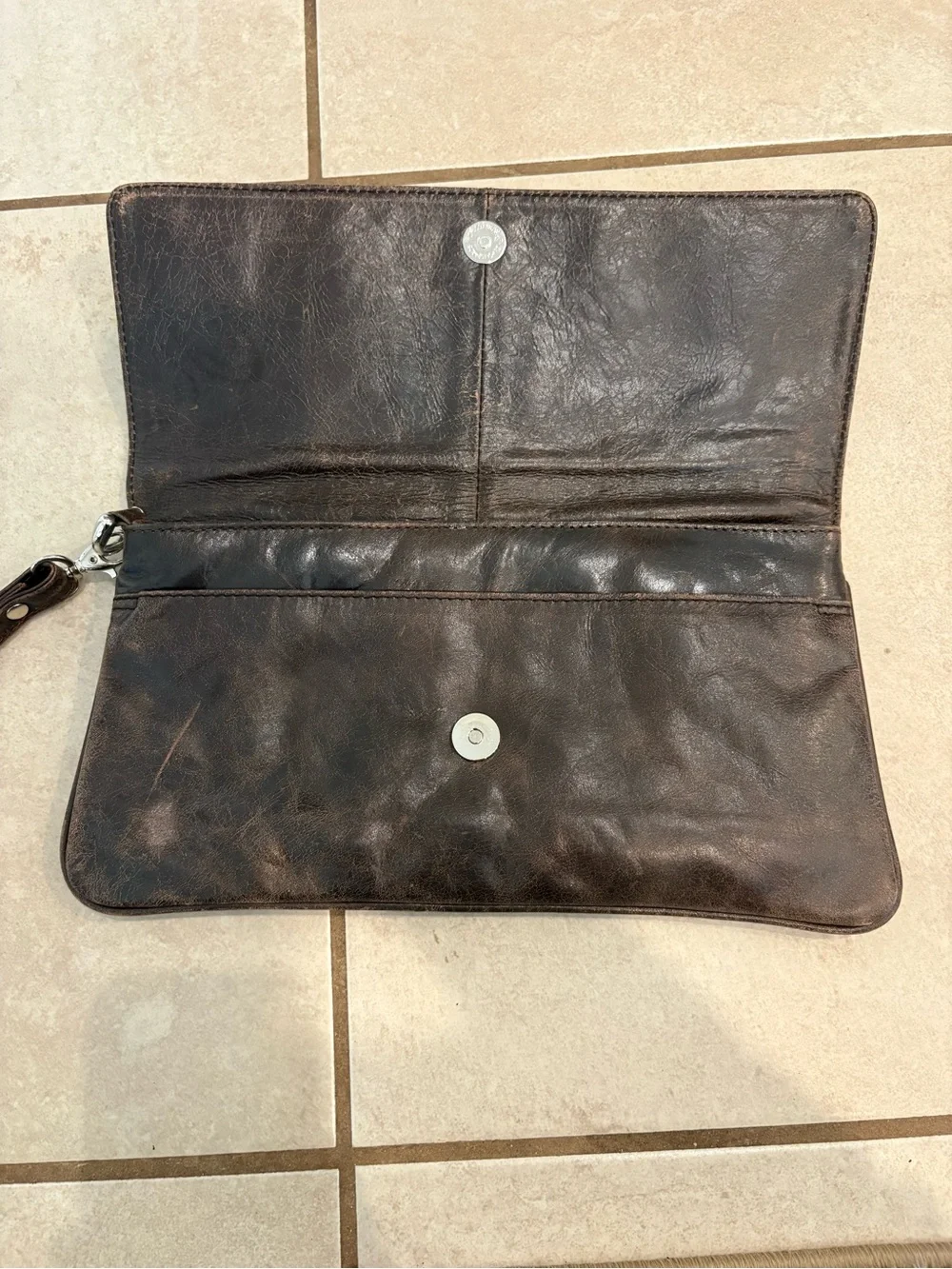Distressed Brown Leather Foldover Clutch Wristlet with Map Print Lining